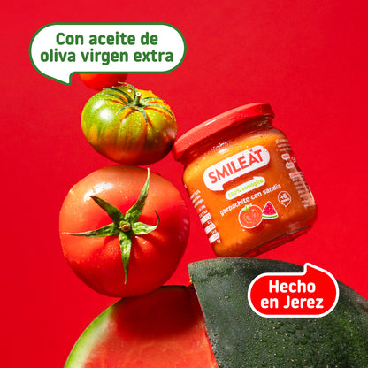 Tarrito ecológico de tomate y sandía con aceite de oliva virgen extra a partir de 6 meses