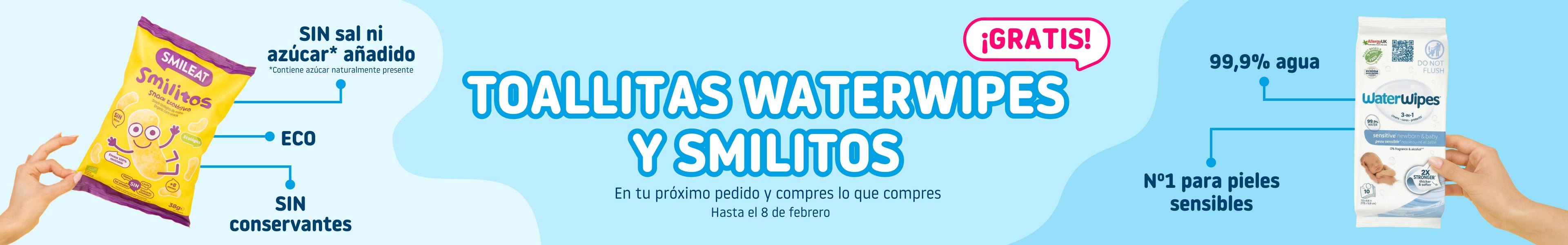 Promoción Mes del Bebé Smileat: regalo de toallitas WaterWipes y Smilitos de maíz en tu pedido de alimentación infantil ecológica.