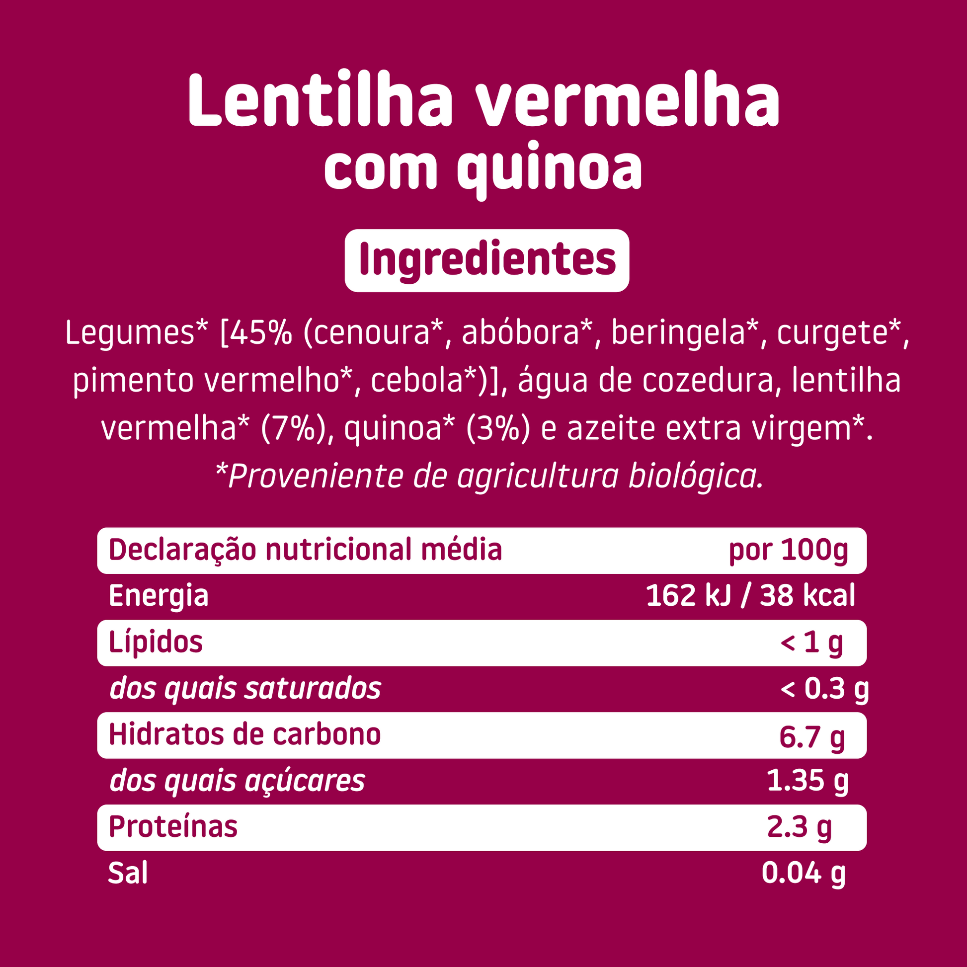 Tabela nutricional boião lentilha vermelha com quinoa