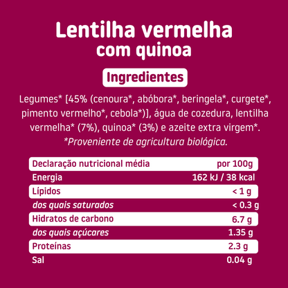 Tabela nutricional boião lentilha vermelha com quinoa