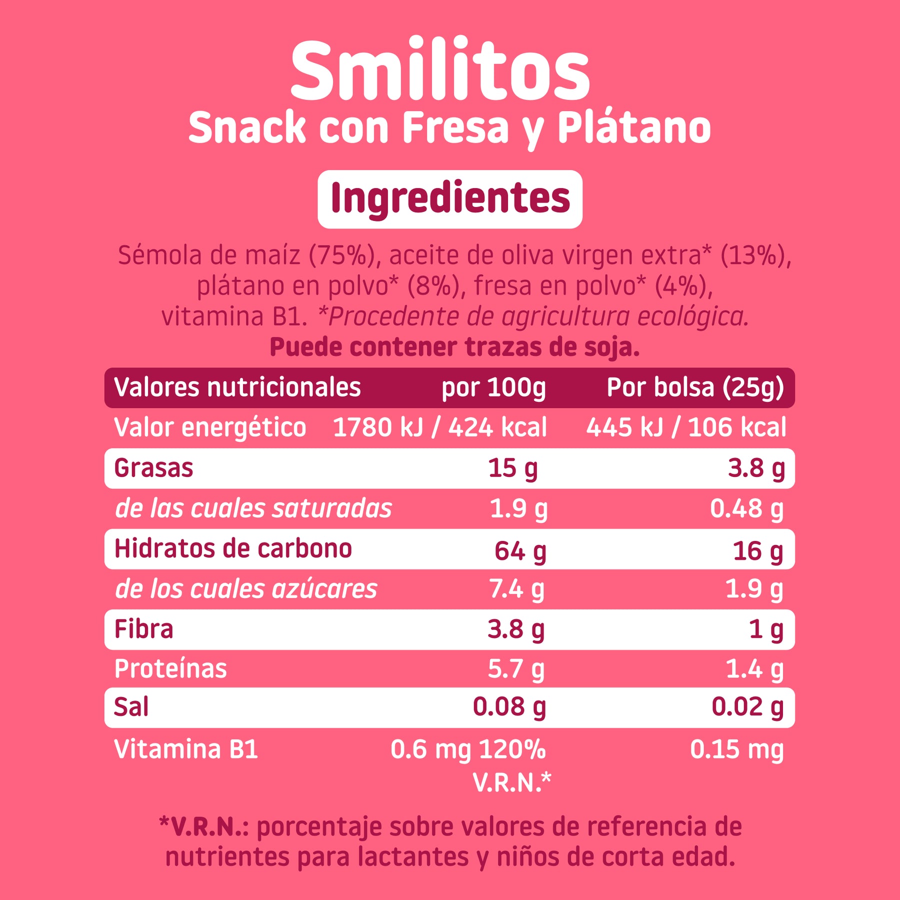 Ingredientes snack de maíz con fresa y plátano