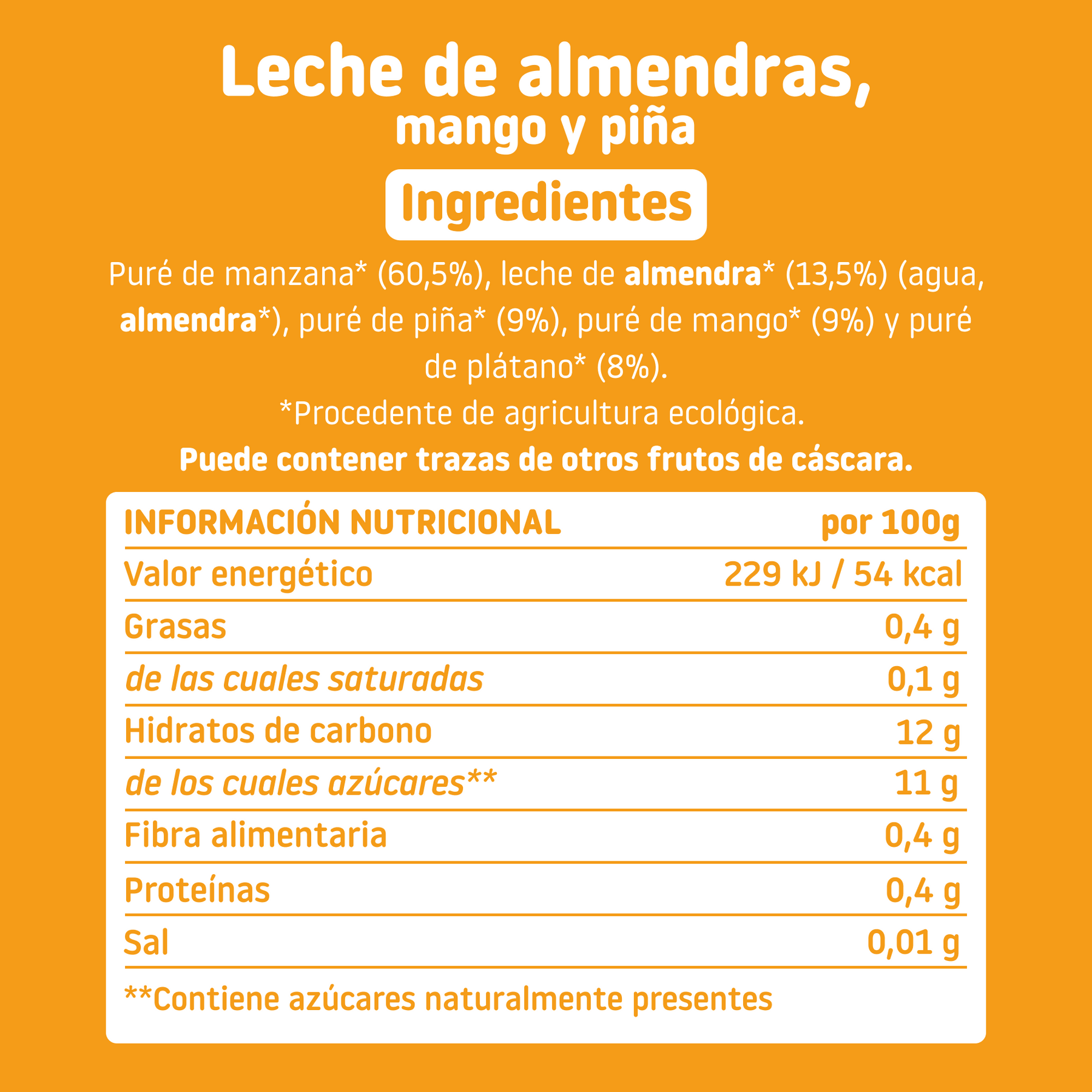 Pouch de leche de almendras, mango y piña